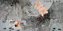Click here to view a larger image and details about this Chinese lotus flower painting نقاشی چینی از نیلوفر آبی لوتوس آب رنگ مینیاتوری زوج اردک نر و ماده شنا کنان زیر برگهای نیلوفر آبی