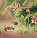 Click here to view a larger image and details about this Chinese lotus flower painting نقاشی چینی از نیلوفر آبی لوتوس آب رنگ مینیاتوری دو اردک نر و ماده شنا کنان زیر برگهای نیلوفر آبی
