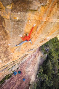 Alex Megos on Retired Extremely Dangerous (aka the Red Project), Australia's first 5.14d. Photo by Simon Carter