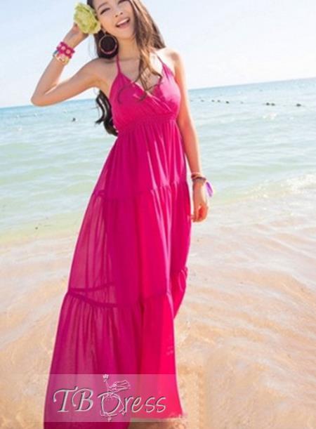 Luxurious Bohemian Style Solid Color Deep V-neck Halter Maxi Dress