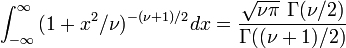 \int_{-\infty}^{\infty}{(1 + x^2/\nu)^{-(\nu + 1)/2}dx} = \frac { \sqrt{\nu \pi} \ \Gamma(\nu/2)} {\Gamma((\nu + 1)/2)}\,