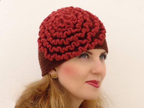 Crochet Hat  Brown  youth  adult , Oversized Beanie  with  terracotta ruches SELECT THE COLOR