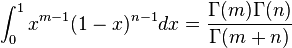 \int_0^1 x^{m-1}(1-x)^{n-1} dx = \frac{\Gamma(m)\Gamma(n)}{\Gamma(m+n)}