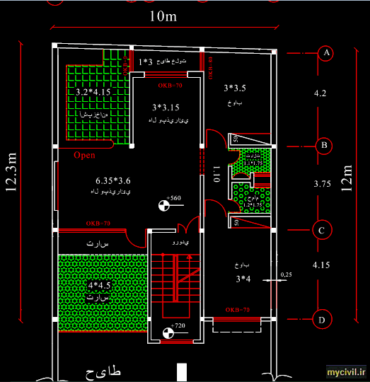 دانلود نقشه معماری ساختمان مسکونی 120 متری(10*12)