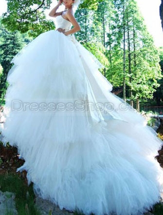 2011 Chest Wrap Beading Bow Soft Transparency Extended Train Wedding Dress Weddings Dresses pic 1