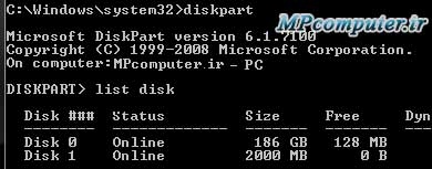 دستور  LIST DISK برای نمایش درایو دیسک های کامپیوتر