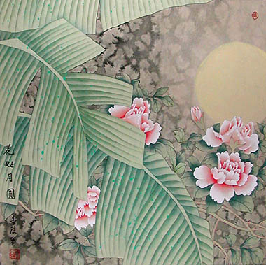 نقاشی چینی گل صد تومنی تومنی بوته بته گلها گلی نقش برگهای درخت موز موزی موزستان و خورشید