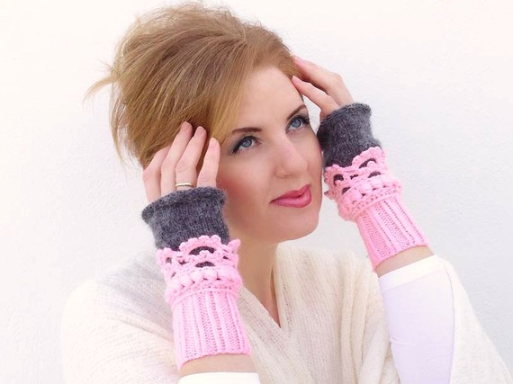 Fingerless mittens Crochet, knit, Arm Wrist Warmers, Light Pink Gray, Grey