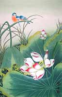 Click here to view a larger image and details about this Chinese lotus flower painting نقاشی چینی از نیلوفر آبی لوتوس آب رنگ مینیاتوری یک جفت گنجشک قناری بلبل در نیزار برکه آبی