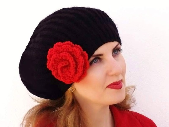 Soft Long Black Beret,  Knit Oversized Beanie, Slouch warm Hat  with Red flower MADE TO ORDER