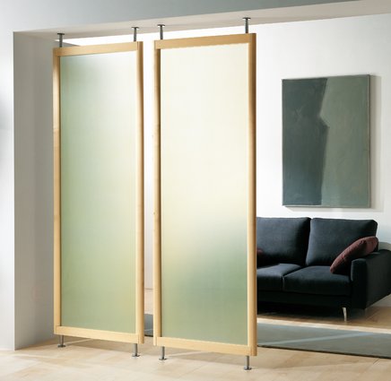 Modern interior room divider featuring a maple frame with bianco latte fixed panel