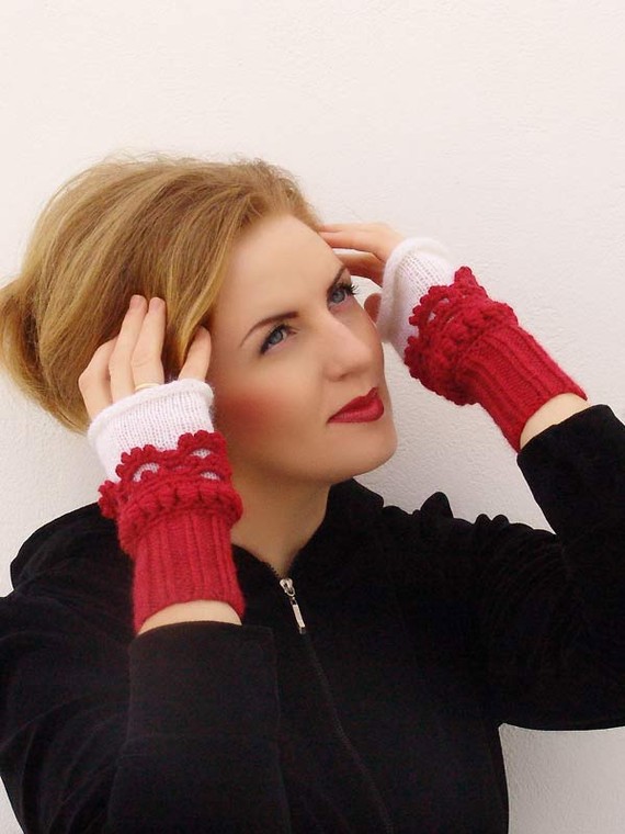 Fingerless mittens Crochet, knit, Arm Wrist Warmers, Cherry  White