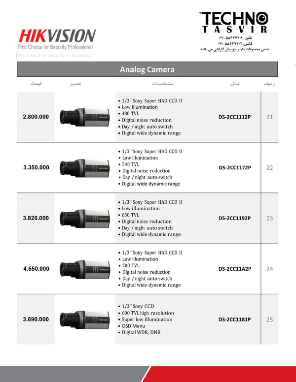 لیست قیمت دوربین های باکس صنعتی هایک ویژن 