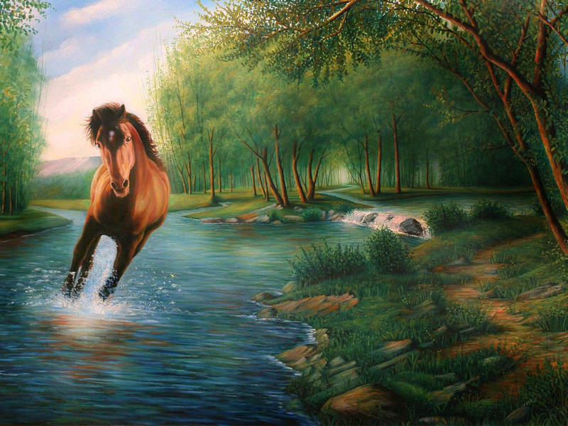 اسب  در  فضای ازیعت ارام   رنگ روغن روی بوم
