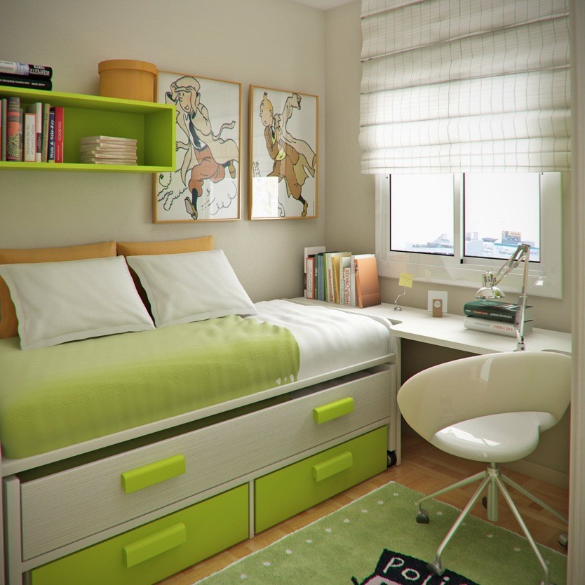 This kid's room maximizes space by attaching the desk to the bed area. The vibrant colors, perhaps an influence of Mengot's colorful city of residence, and natural light from the window, make it an encouraging and vibrant place for young minds to work.
