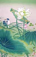 Click here to view a larger image and details about this Chinese lotus flower painting نقاشی چینی از نیلوفر آبی لوتوس آب رنگ مینیاتوری یک جفت مرغک ماهیخورک در نیزار برکه آبی