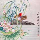 Click here to view a larger image and details about this Chinese lotus flower painting نقاشی چینی از نیلوفر آبی لوتوس آب رنگ مینیاتوری زوج اردک نر و ماده در ساحل کنار برکه پس از شنا