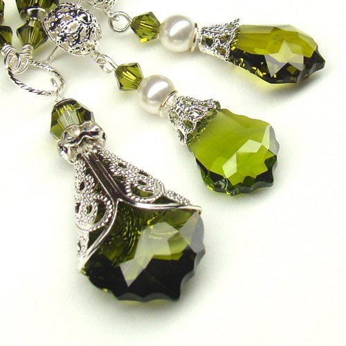 Olivine Jewelry Set,Baroque Swarovski Crystal,Sterling,Green Jewelry