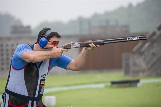 Trap Men event at the 2014 ISSF World Cup in Beijing, China