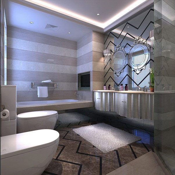 Asian-style-bathroom-with-tub-washbasin-mirrors-and-toilet-bowl-with-bidet