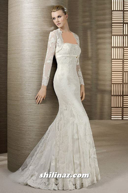 لباس عروس سفید دکلته با کت گیپور