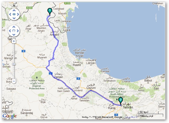 نقشه مسیر جاده ای شهر گرمی به شهر تهران 