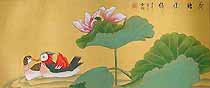Click here to view a larger image and details about this Chinese lotus flower painting نقاشی چینی از نیلوفر آبی لوتوس آب رنگ مینیاتوری یک جفت اردک نر و ماده شنا کنان زیر برگهای نیلوفر آبی