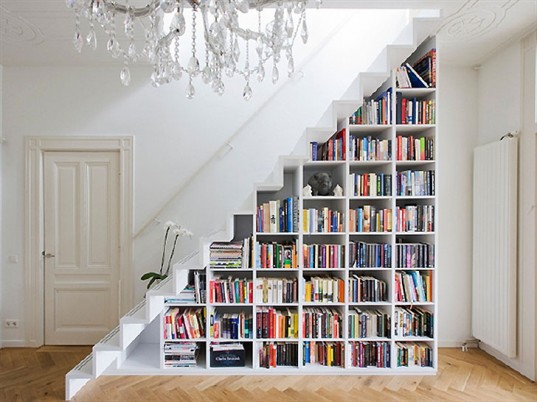 White Bookshelf Staircase, staircase, stairs, sustainable design, green design, green building, green architecture, sustainable architecture, eco stairs, stair porn, innovative staircases, imaginative staircases, multifunctional staircases, recycled staircase