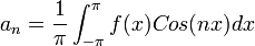 a_n =\frac{1}{\pi} \int_{-\pi}^{\pi} f(x) Cos(nx) dx  \,\!