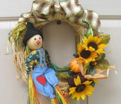 Harvest Scarecrow and Sunflower Wreath, 12 inch (no1099)