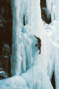 Jeff Lowe grabs the first ascent of Stewart Falls (WI5) in Utah's Wasatch Mountains in 1976. Photo courtesy Mike Lowe/Jeff Lowe Collection