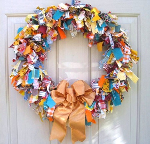 Fabric Rag Wreath, 20 inch - gold, rust, teal with bow (no108)