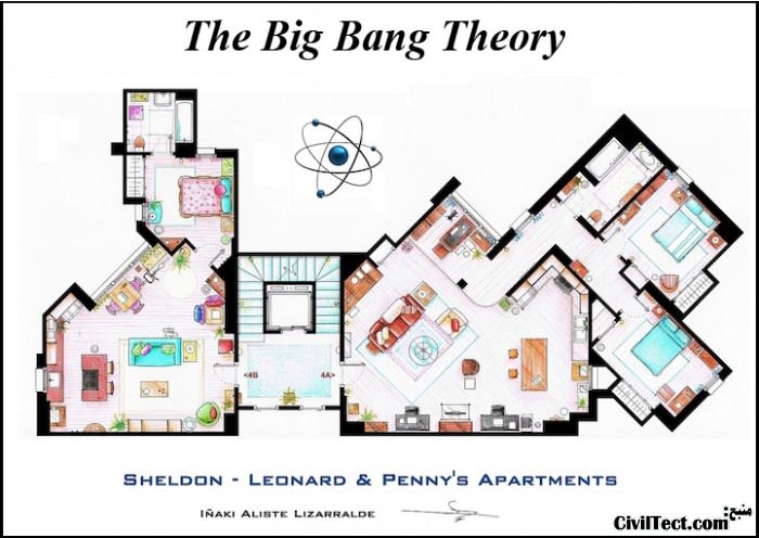 پلان معماری آپارتمان سریال تئوری بیگ بنگ - The Big Bang Theory