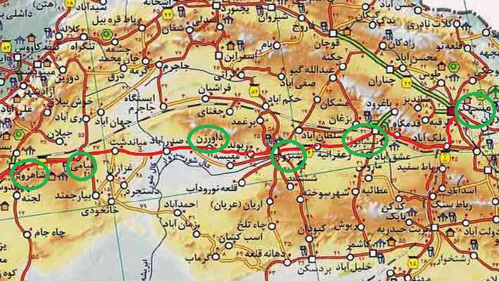مشهد به تهران مسير اول 880 كيلومتر، مسير دوم935كيلومتر