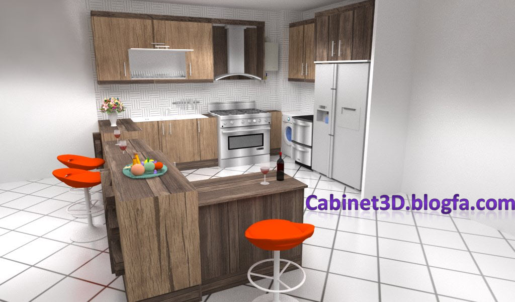 طراحی کابینت آشپزخانه سه بعدی با 2 میز ناهار خوری Cabinet3D