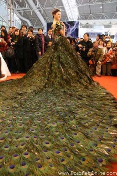 ,لباس عروسی با 3 هزار پر طاووس! + عکس لباس عروس,پر طاووس,عکس,جالب انگیز
