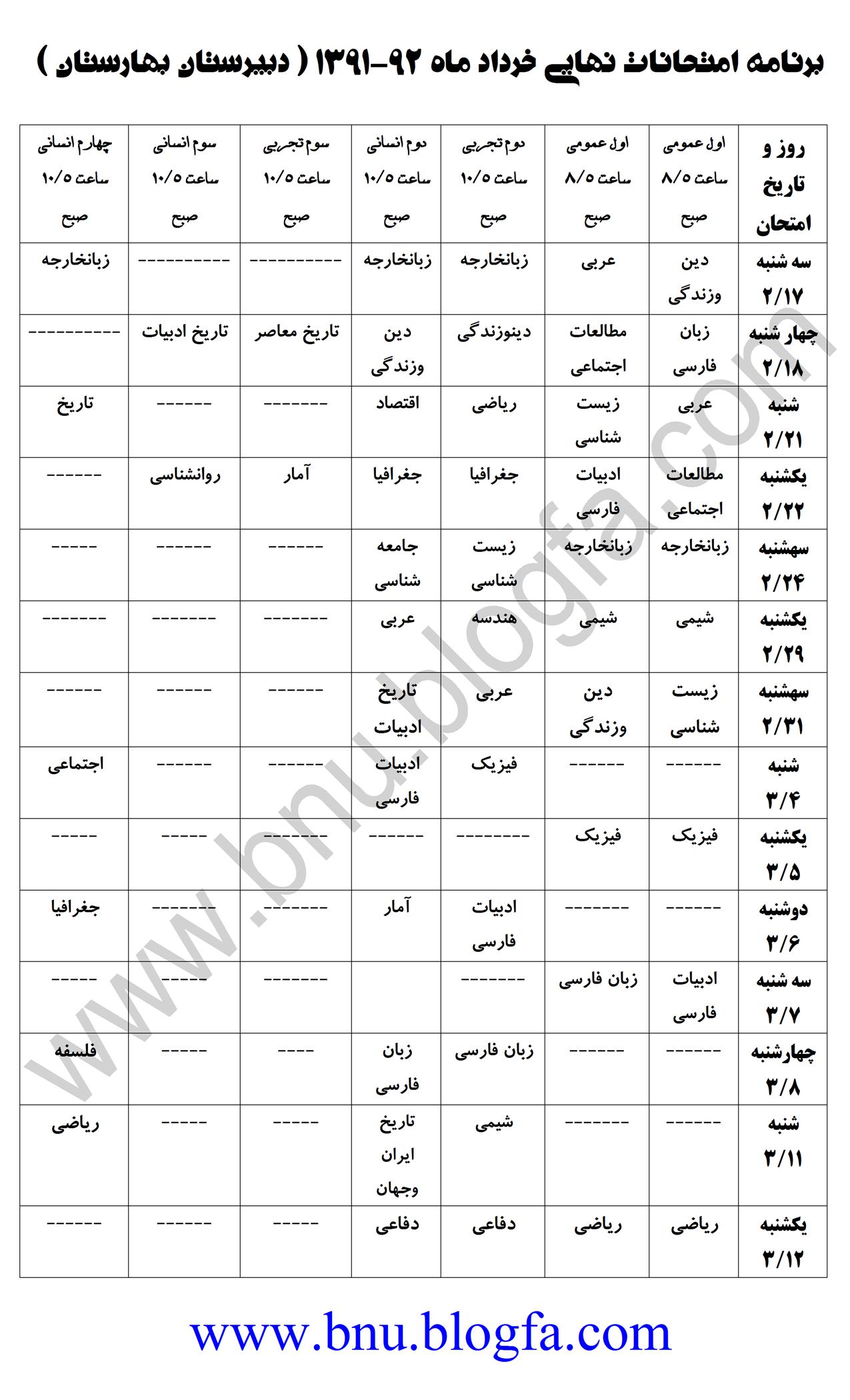 برنامه امتحانات نهایی 92-1391 دبیرستان بهارستان