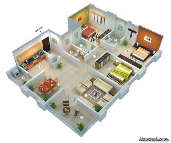 طراحی داخل آپارتمان سه خوابه , نقشه خانه دوبلکس سه خوابه , نقشه آپارتمان سه خوابه دو بعدی 