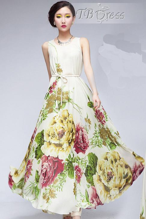 Attractive Sleeveless Nipped Waists Flowers Print Long Chiffon Dress
