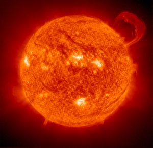 (PD) Photo: Courtesy NASA/JPL-Caltech Energy emitted by our sun provides the great bulk of the energy gradient that living systems on earth exploit, either directly or indirectly, to maintain a state far from the equilibrium state of randomness. The photograph shows a handle-shaped cloud of plasma (hot ions) erupting from the Sun.